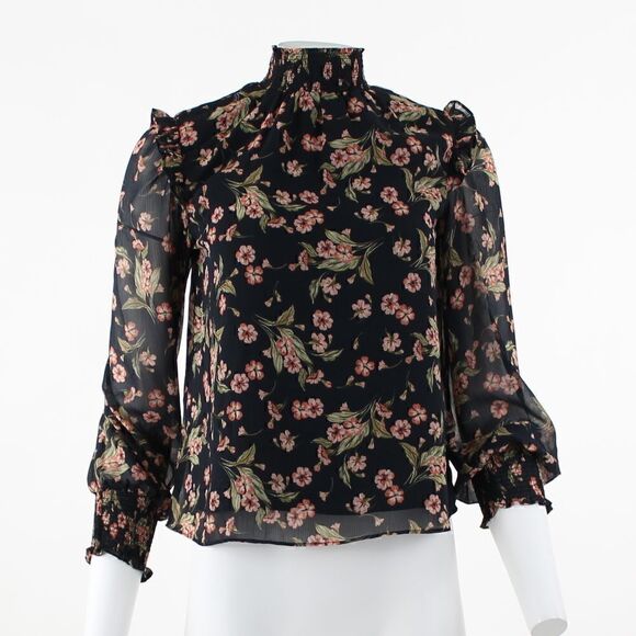1.STATE Floral Print Ruffle Blouse in Black/Multi - Picture 2 of 6
